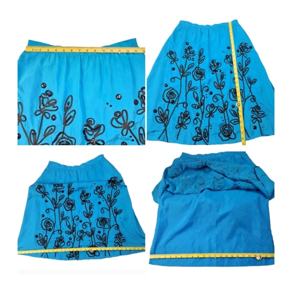 WD-NY A-Line Skirt Size 6 Lagoon Blue & Black 100% Silk Embroidered Floral Print